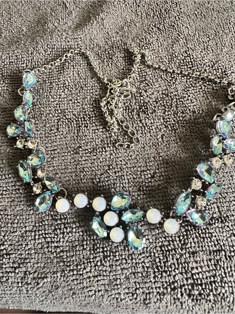 Silver Crystal Bib Necklace with Aqua and Opal Stones